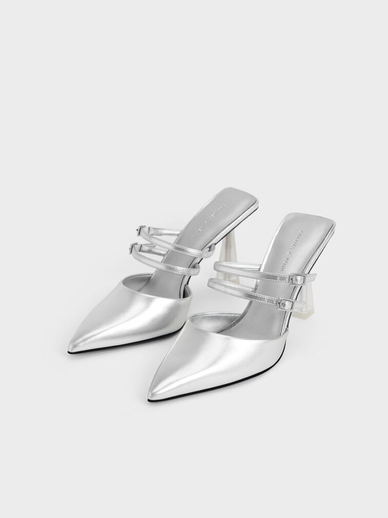 Metallic Strappy Slant Heel Mules, Silver, hi-res