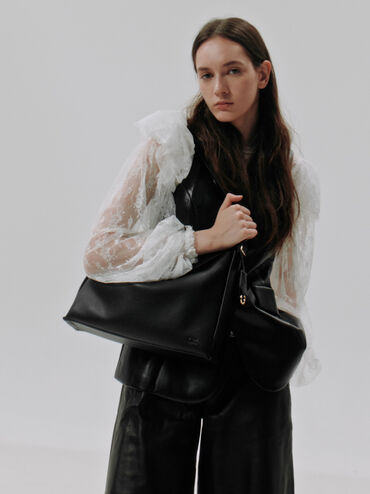 Large Leather Top-Flap Hobo Bag, Black, hi-res
