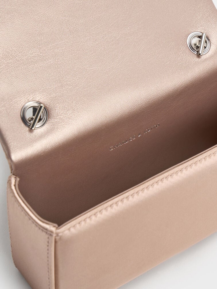 Satin Crystal-Buckle Belted Chain-Handle Bag, Sunset Nude, hi-res