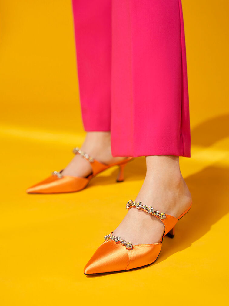 Gem-Embellished Mules, Orange, hi-res