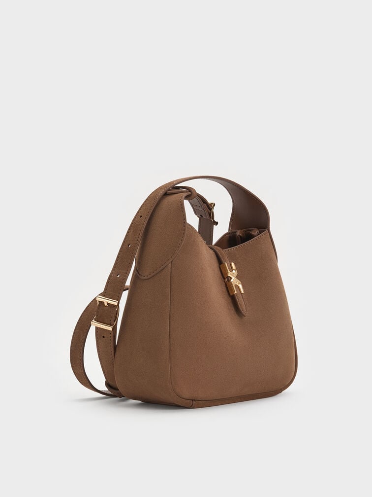 Mini Adalyn Recycled Suede Metallic-Buckle Belted Hobo Bag, Mocha Brown, hi-res