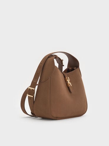 Mini Adalyn Recycled Suede Metallic-Buckle Belted Hobo Bag, Mocha Brown, hi-res
