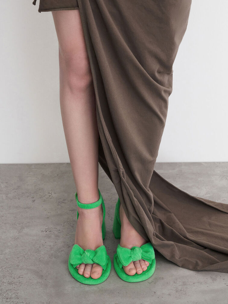 Loey Textured Bow Ankle-Strap Sandals, Green, hi-res