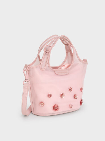Mesh Sequin-Flower Tote Bag, Blossom Pink, hi-res