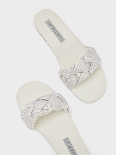 Gem-Embellished Braided Strap Slides, Cream, hi-res