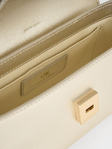 Leather Metallic Bow Top-Handle Bag, Champagne, hi-res