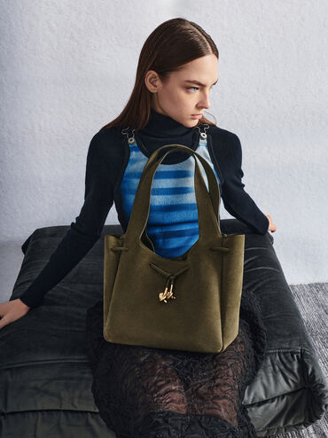 Mila Recycled Suede Metallic-Knot Drawstring Tote Bag, Deep Olive, hi-res