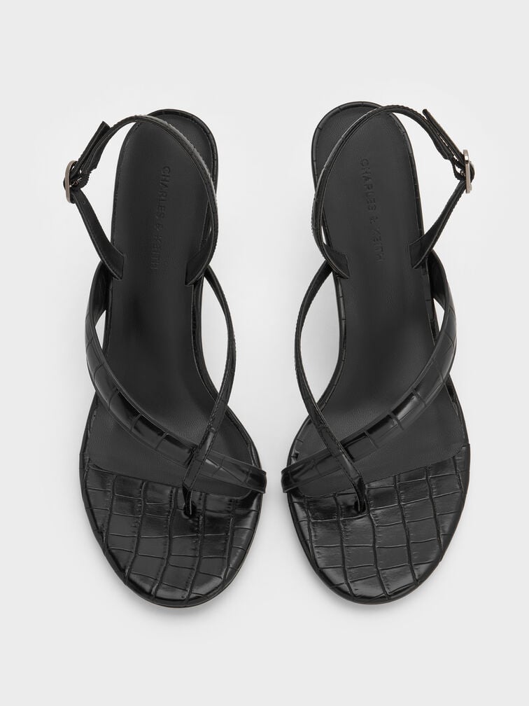 Croc-Effect Stiletto Slingback Thong Sandals, Animal Print Black, hi-res