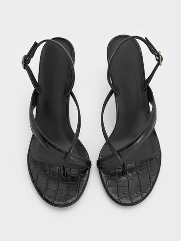 Croc-Effect Stiletto Slingback Thong Sandals, Animal Print Black, hi-res