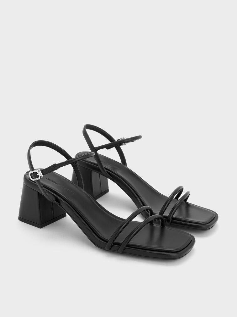 Strappy Trapeze-Heel Sandals, Black, hi-res