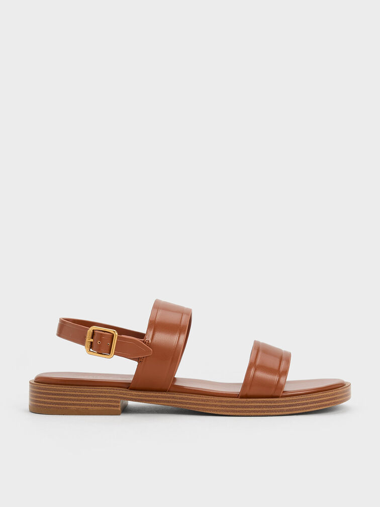 Buckled Double Strap Sandals, Cognac, hi-res