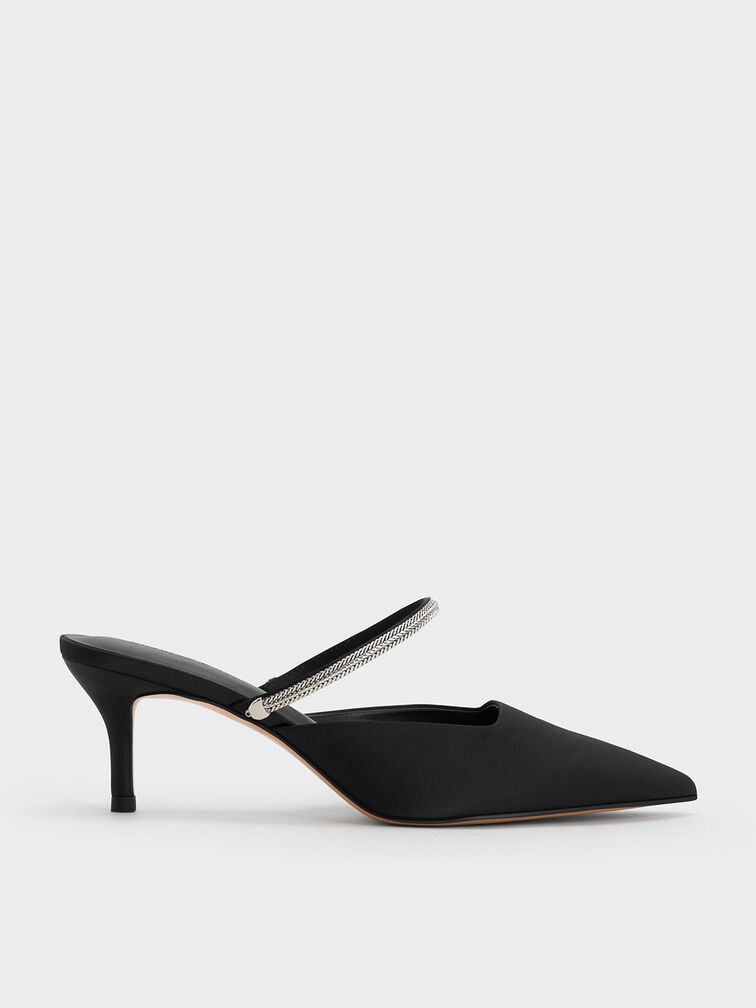 Satin Braided-Strap Pointed-Toe Mules, Black Textured, hi-res