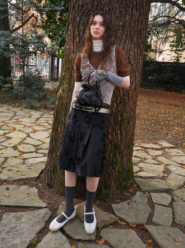 Mabel Satin Floral-Vine Bucket Bag, Noir, hi-res