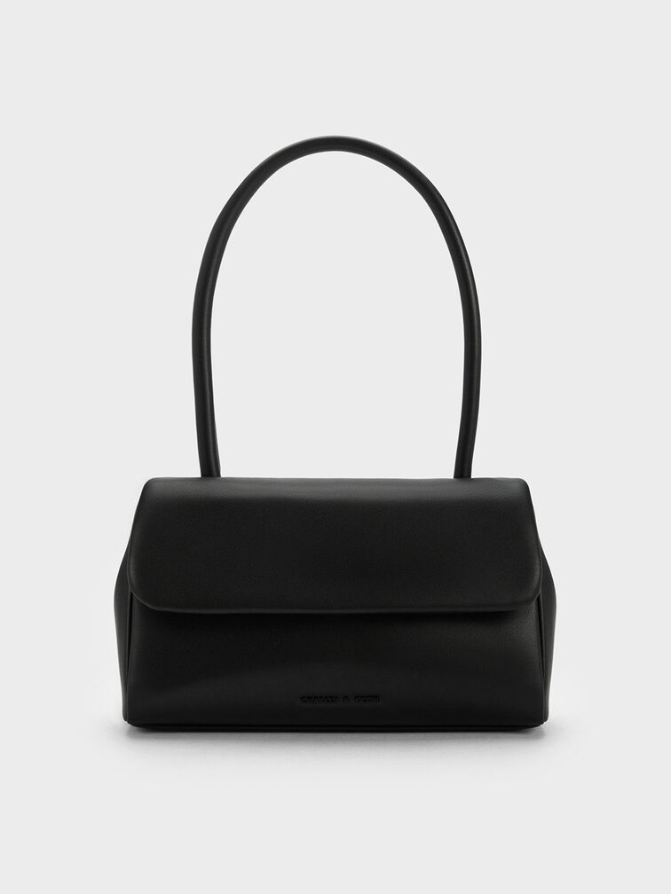 Curved Handle Shoulder Bag, Black, hi-res