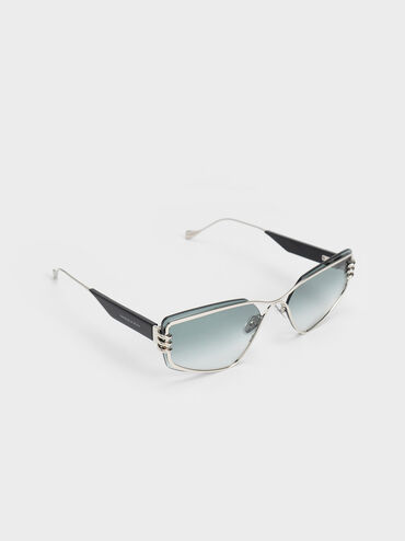 Metallic-Rimmed Geometric Sunglasses, Black, hi-res