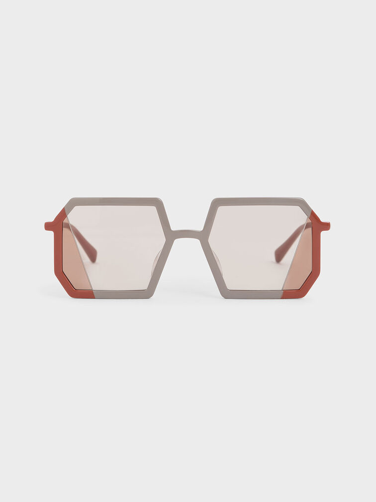 Two-Tone Geometric Sunglasses, Taupe, hi-res