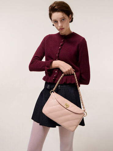 Fawn Panelled Front Flap Chain-Handle Bag, Light Pink, hi-res