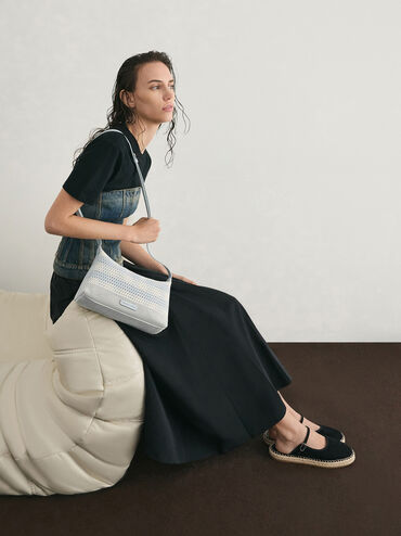 Ida Checkered Knitted Shoulder Bag, Sea Salt Blue, hi-res