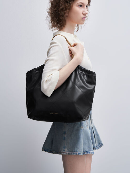 Braided Handle Tote Bag, Black, hi-res