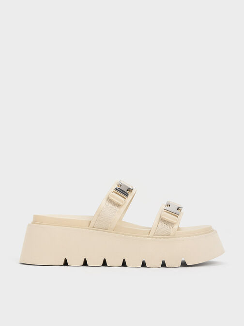 Laine Metallic-Buckle Flatform Sandals, Beige, hi-res
