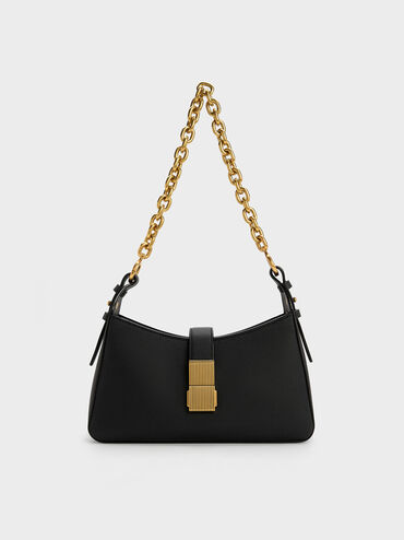 Chain Handle Shoulder Bag, Black, hi-res