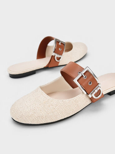 Buckled Strap Linen Mules, Beige, hi-res