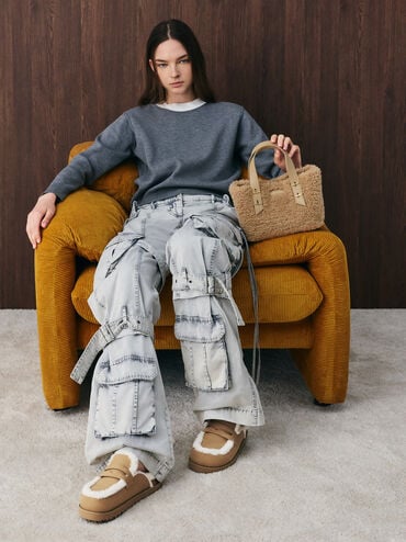 Mini Shania Faux Shearling Double-Handle Tote Bag, Nutmeg Beige, hi-res