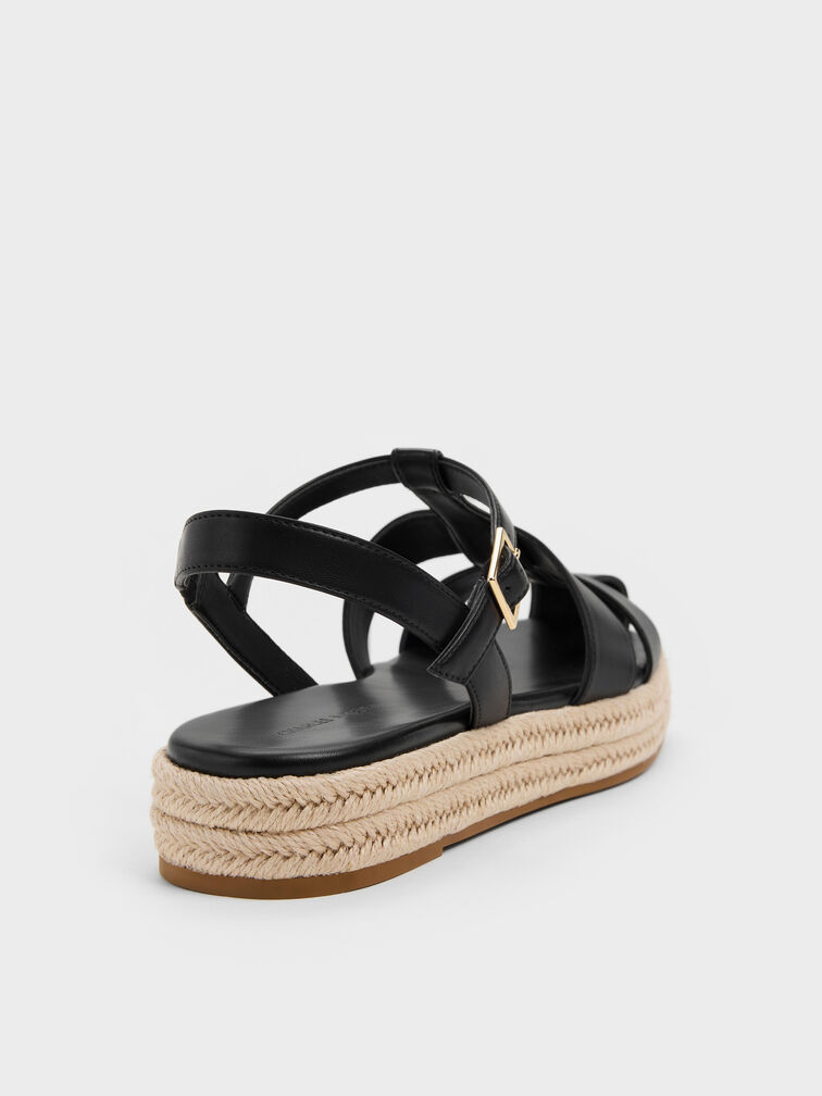 Caged Flatform Espadrille Sandals, Black, hi-res