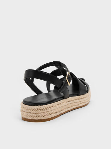Caged Flatform Espadrille Sandals, Black, hi-res