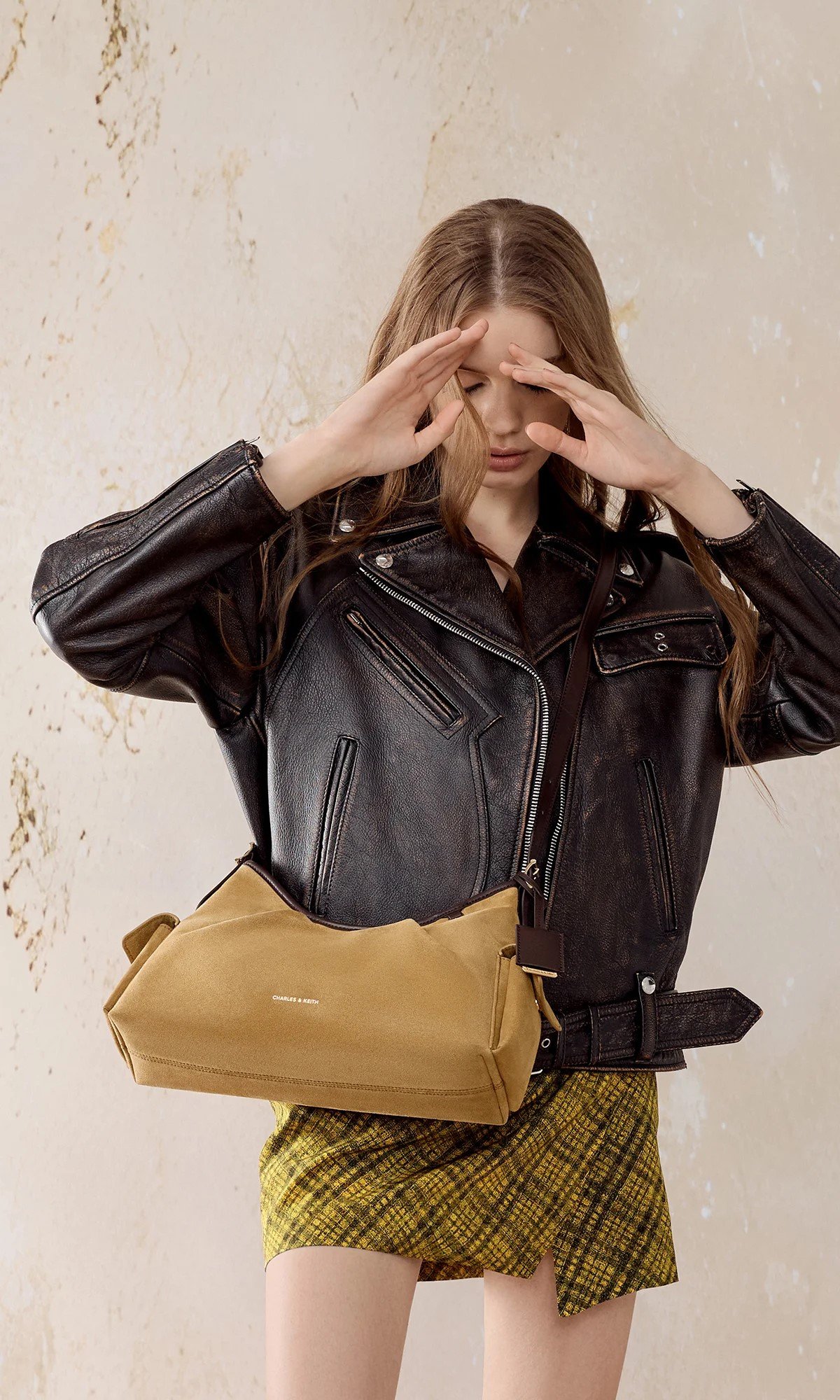 Sahara Sand Khai Recycled Suede Side-Pocket Shoulder Bag - CHARLES & KEITH