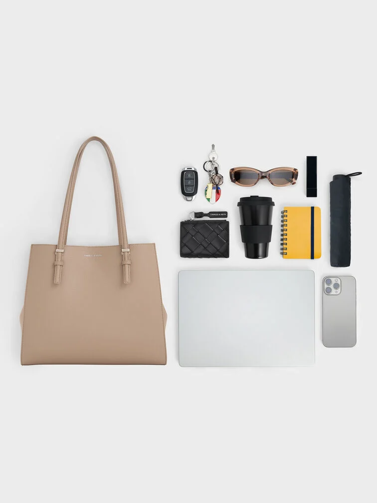 Classic taupe tote bag, an elegant and practical choice for the office.