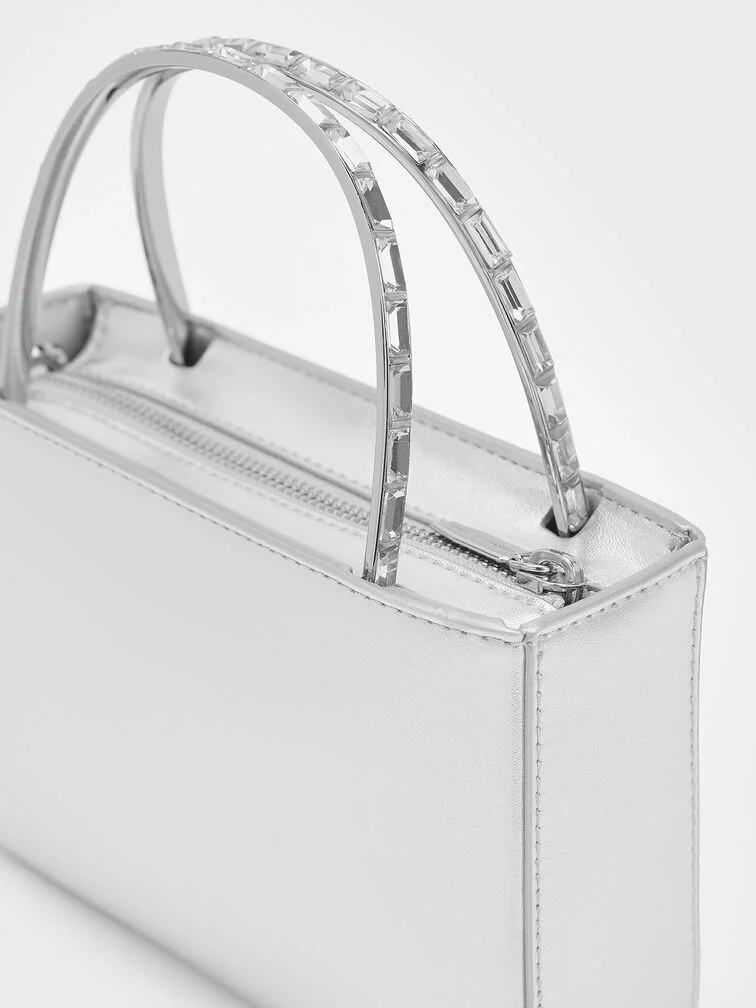 Women’s satin crystal-embellished top handle bag in dusk silver – CHARLES & KEITH