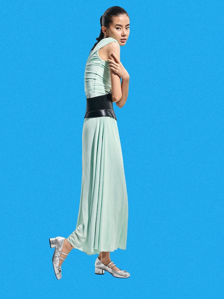 Turquoise dress styled with silver Mary Janes.  