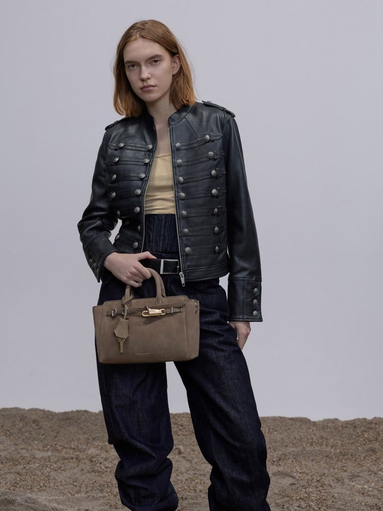 Dark Brown Textured Darian Faux Suede Lace-Up Buckle-Strap Knee-High Boots- CHARLES & KEITH