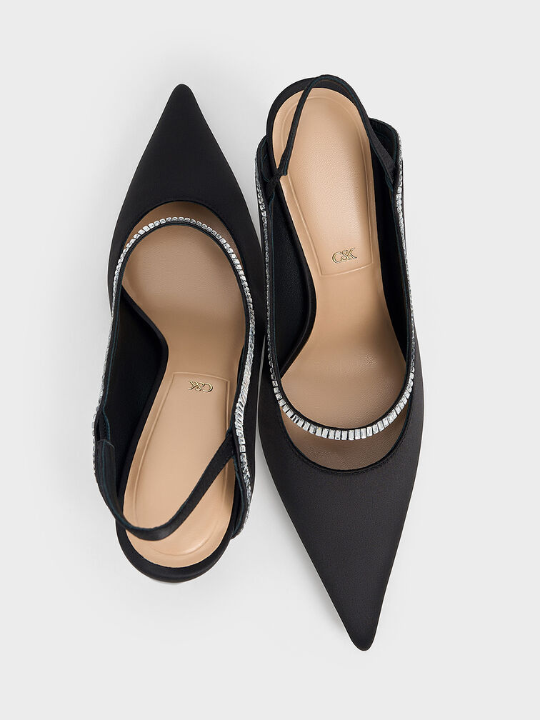 Women’s recycled polyester crystal-embellished pointed-toe slingback pumps in black textured - CHARLES & KEITH
