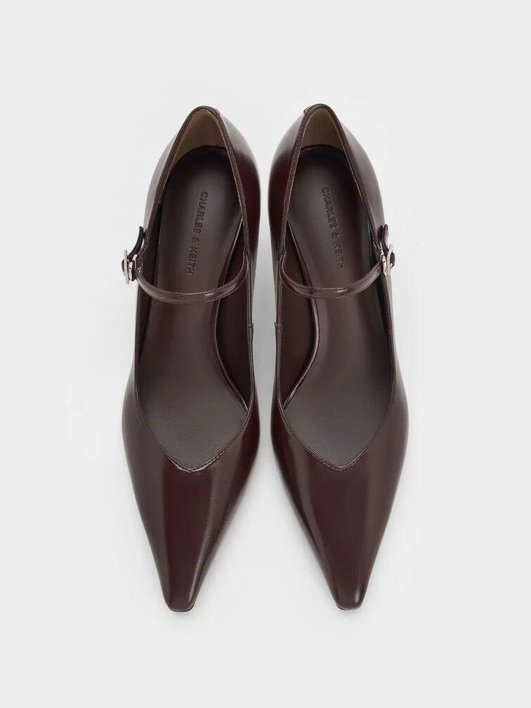 Maroon pointed-toe stiletto-heel pumps, a formal option for special occasions.