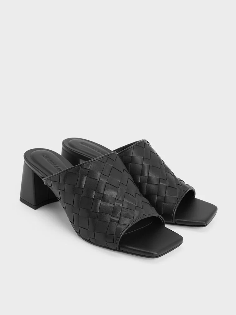 Black woven square-toe heeled mules will elevate any casual wedding ensemble.  
