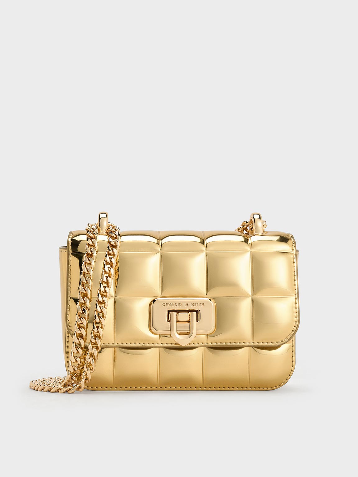 Metallic Square-Quilted Chain-Handle Bag - Gold - CHARLES & KEITH IN