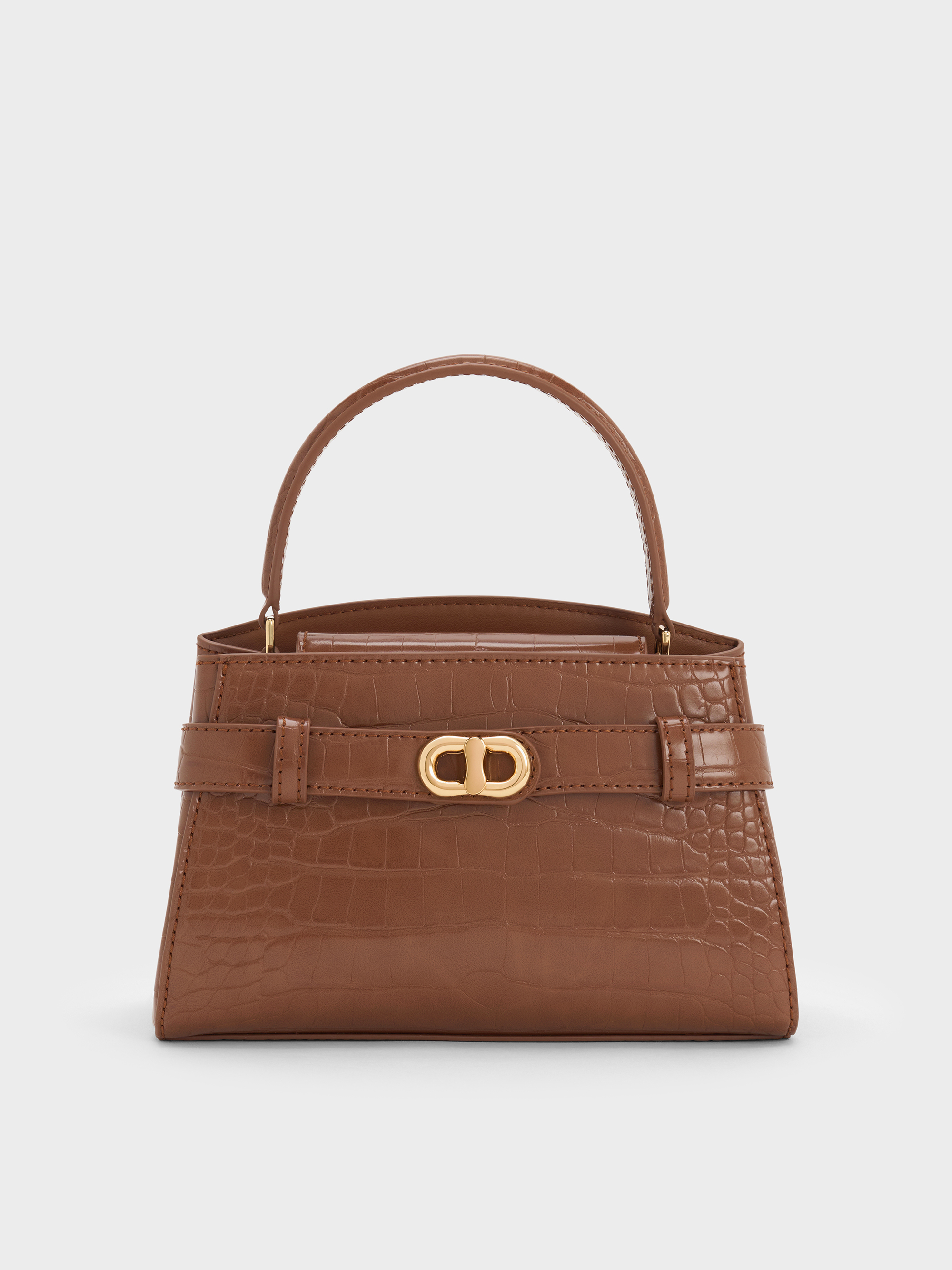 Aubrielle Croc-Effect Belted Top Handle Bag - Chocolate Croco