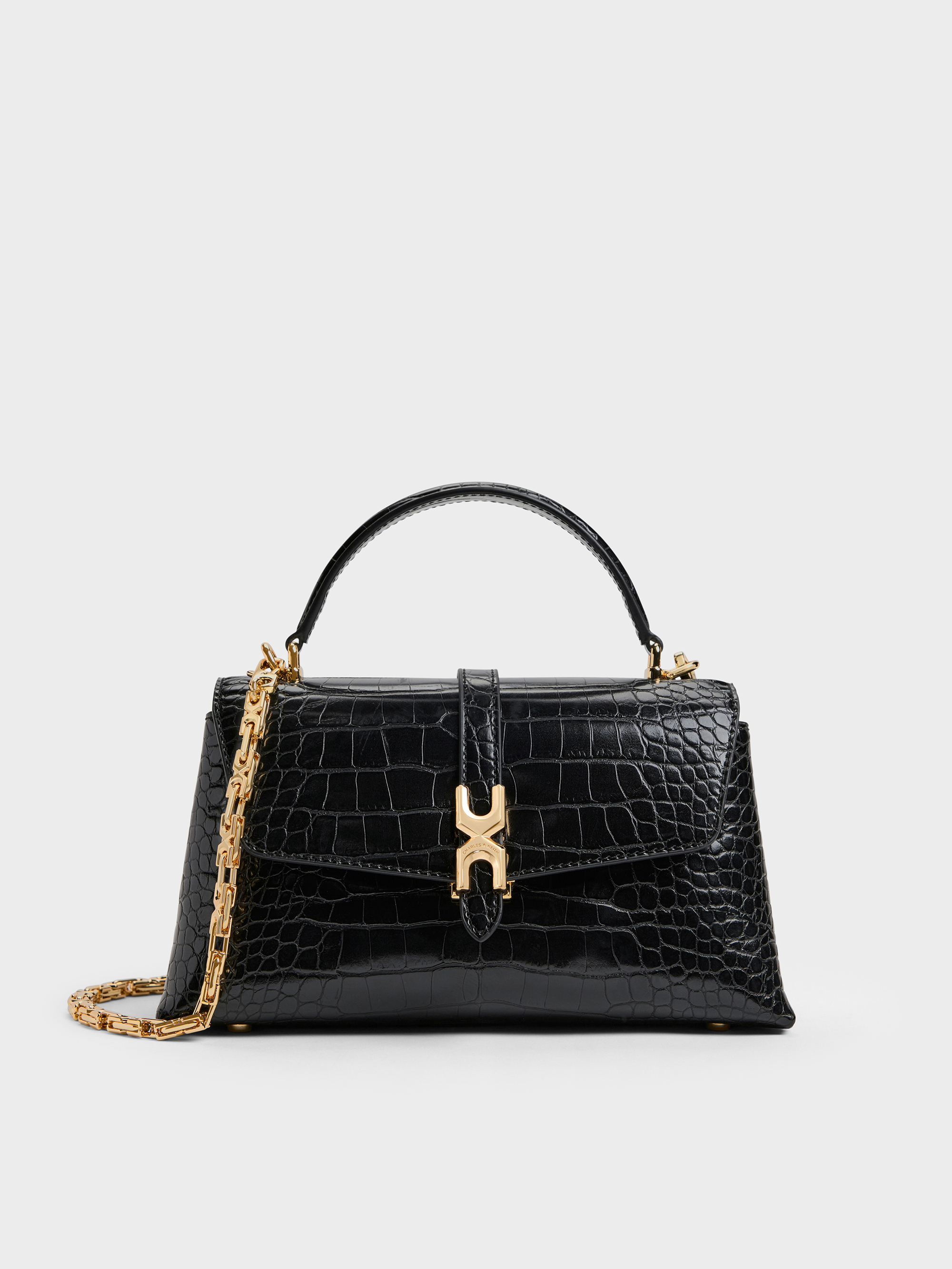 Black Croco Adalyn Croc-Effect Metallic-Buckle Chain-Strap Top