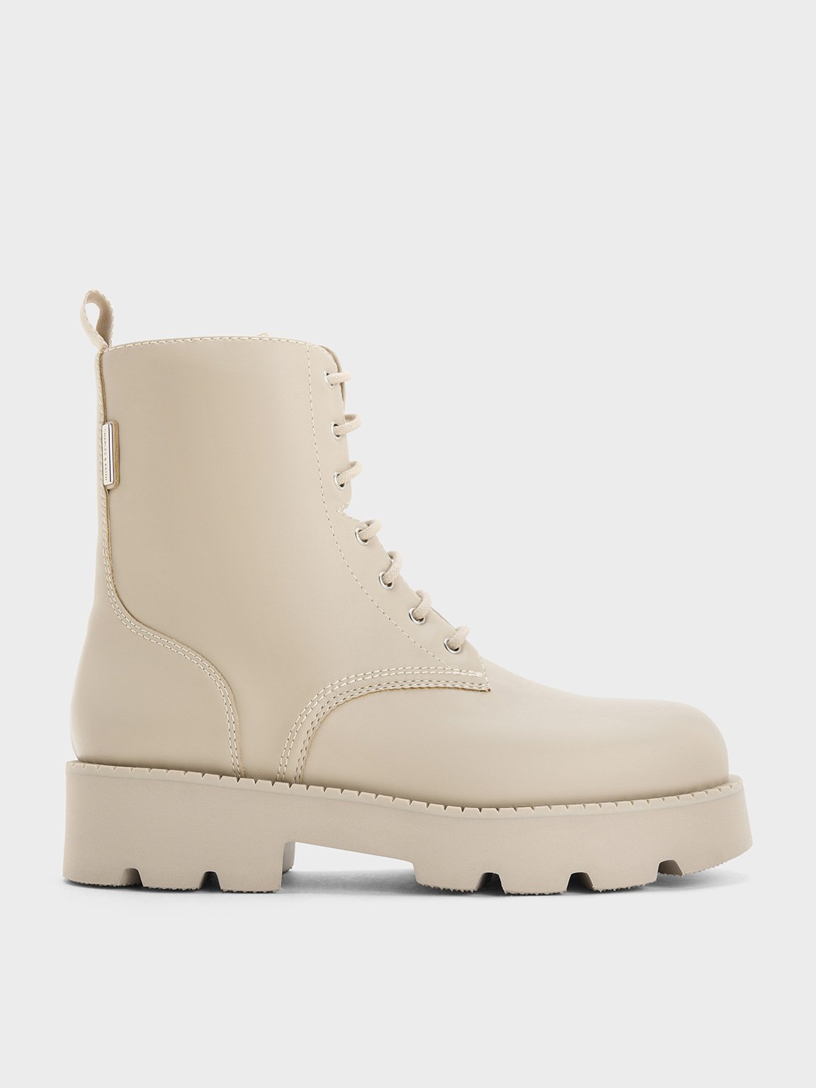 Beige Ridged-Sole Lace-Up Combat Boots Beige Shoes CHARLES