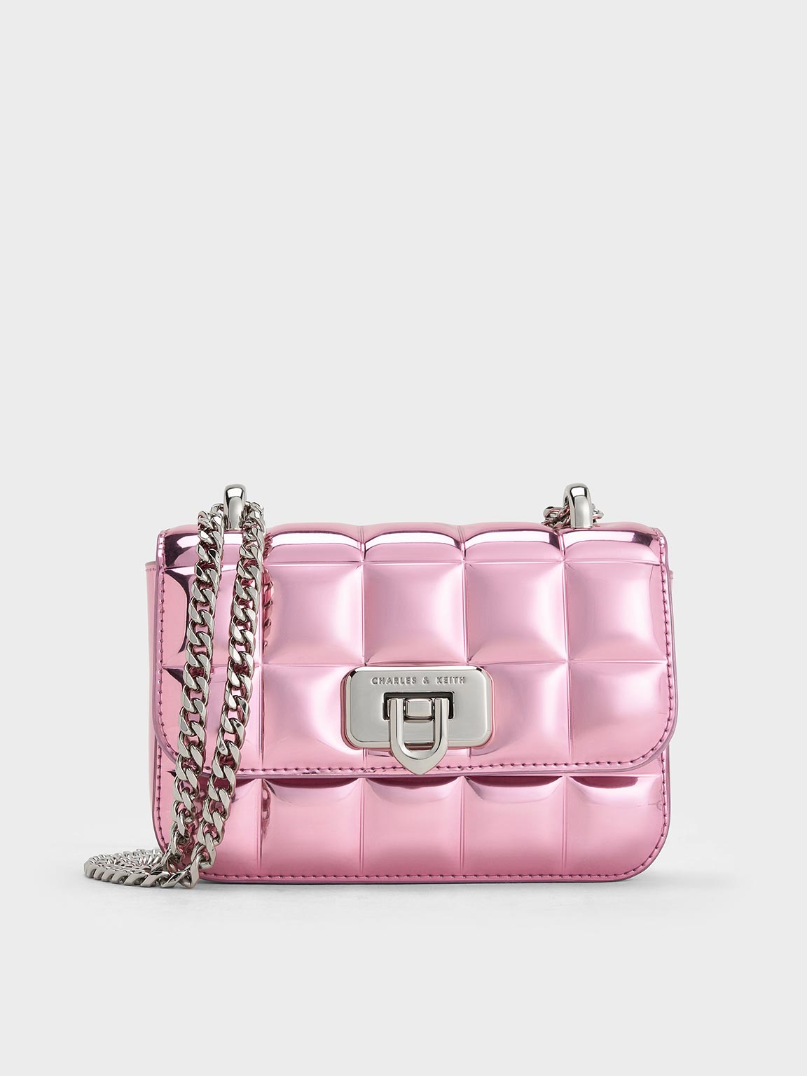 Metallic Square-Quilted Chain-Handle Bag - Pink - CHARLES & KEITH IN
