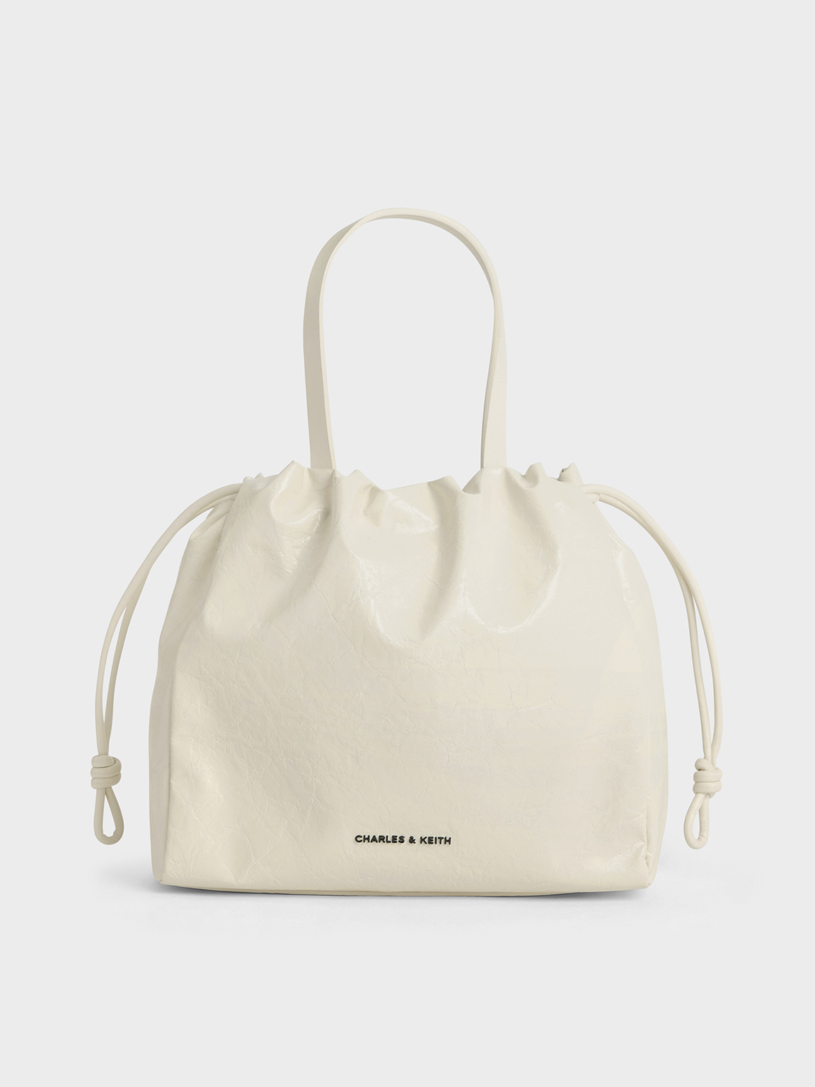 Cream Mini Bethel Crinkle-Effect Ruched Drawstring Tote Bag