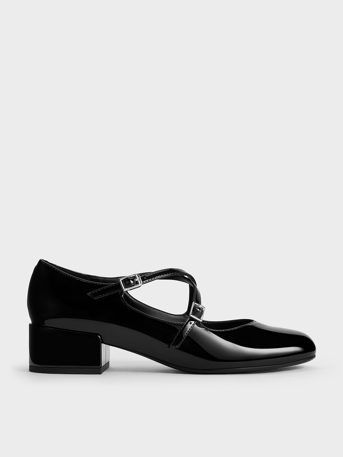 Black Patent Crossover-Strap Block-Heel Mary Janes - CHARLES