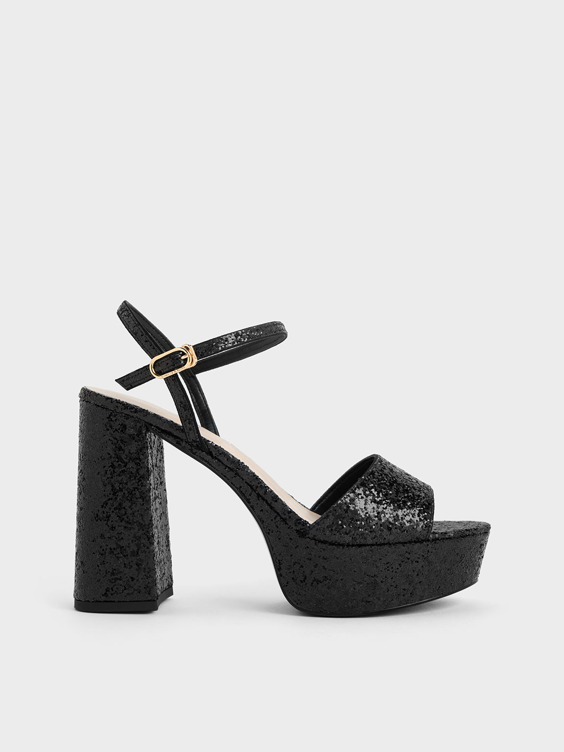 Black Textured Glittered Ankle Strap Platform Sandals CHARLES