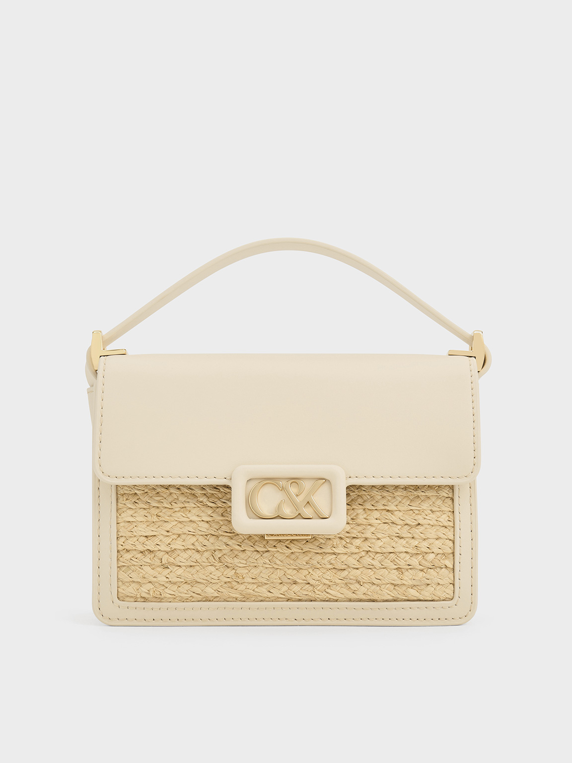◇Charles&Keith◇ SL2207823942 Leather & Raffia Boxy Bag Lim