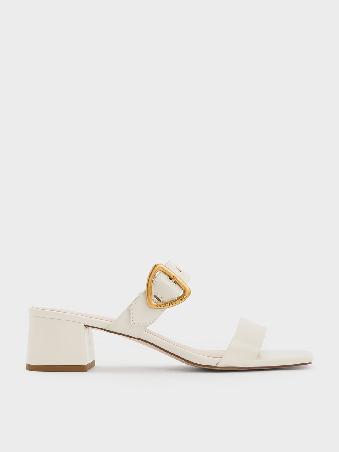 Chalk Sepphe Metallic Buckle Heeled Mules - CHARLES & KEITH IN