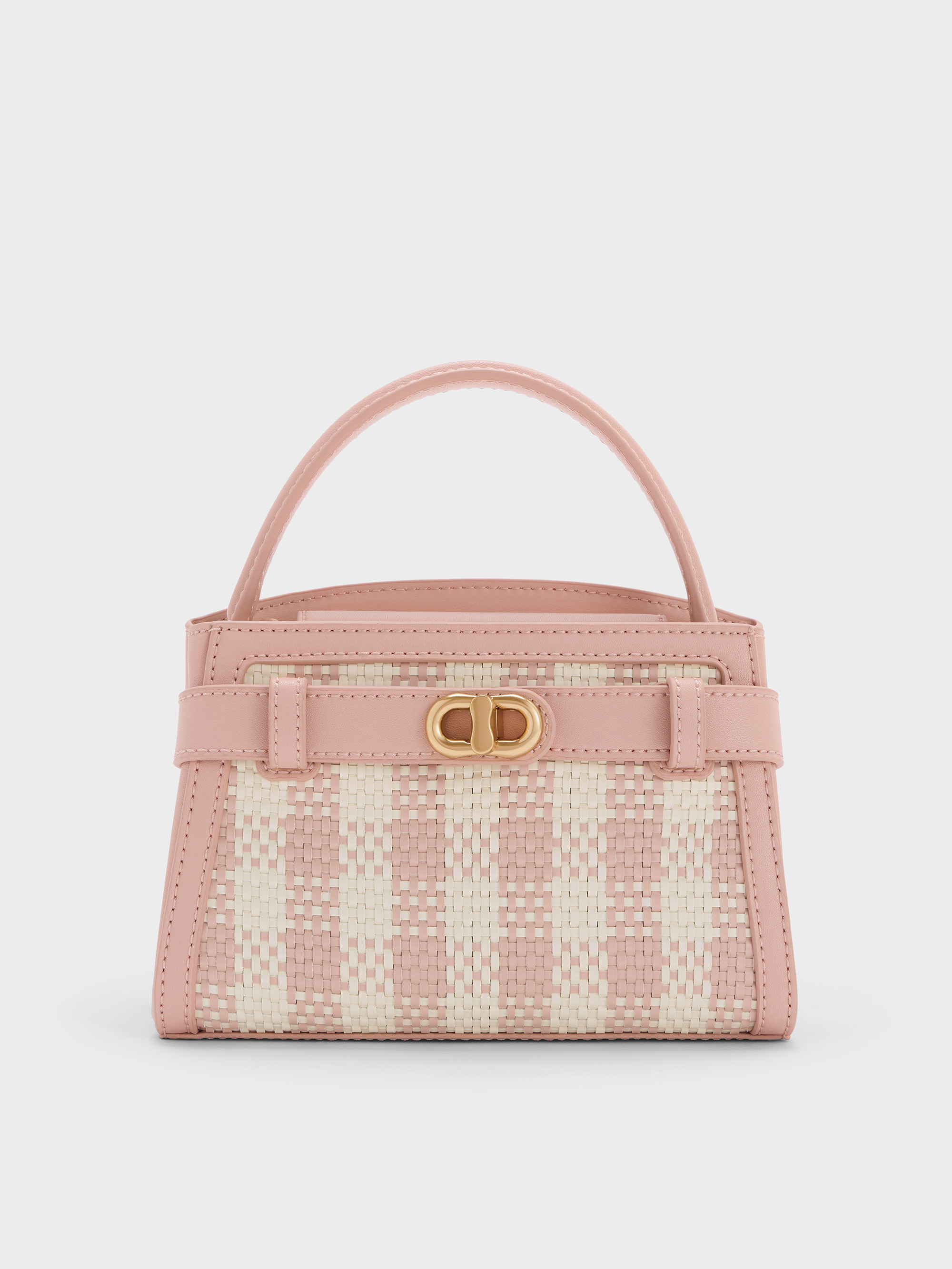 Aubrielle Checkered BeltedTop Handle Bag - Light Pink - CHARLES