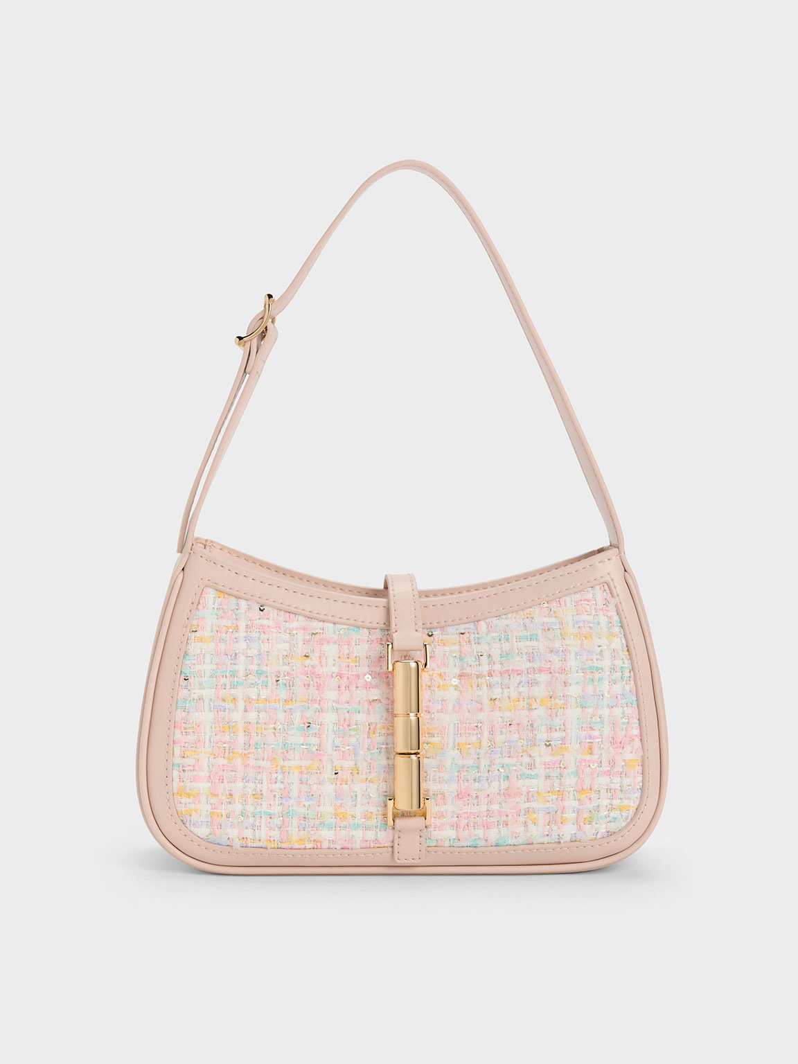 Pink Cesia Metallic Accent Tweed Shoulder Bag CHARLES KEITH