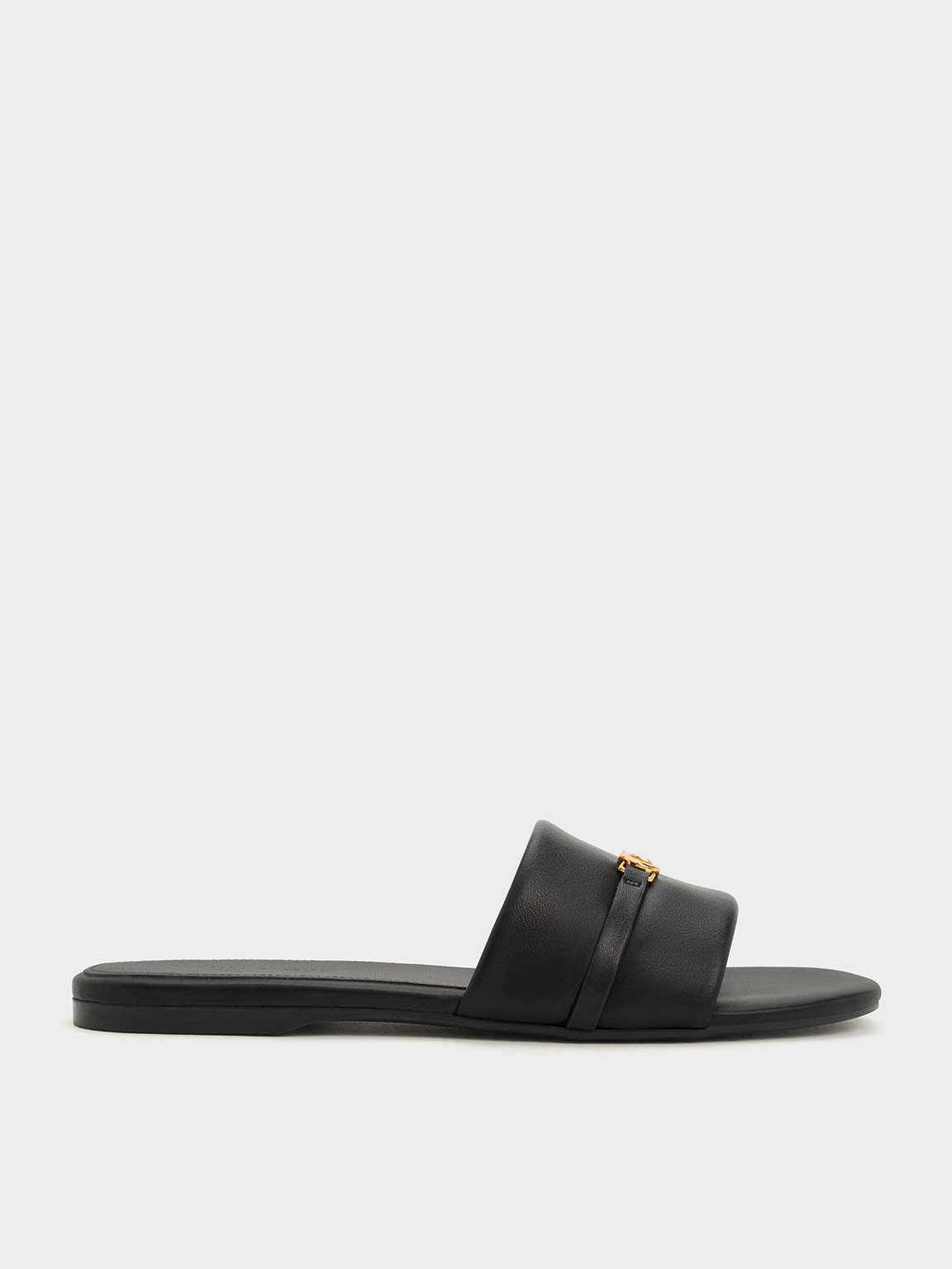 Black Metallic Accent Round Toe Slide Sandals CHARLES KEITH IN